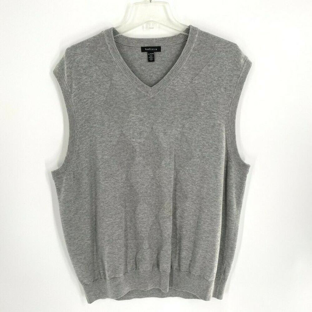 Van Heusen‎ Mens Sweater Vest XL Cotton Argyle Gray Academia